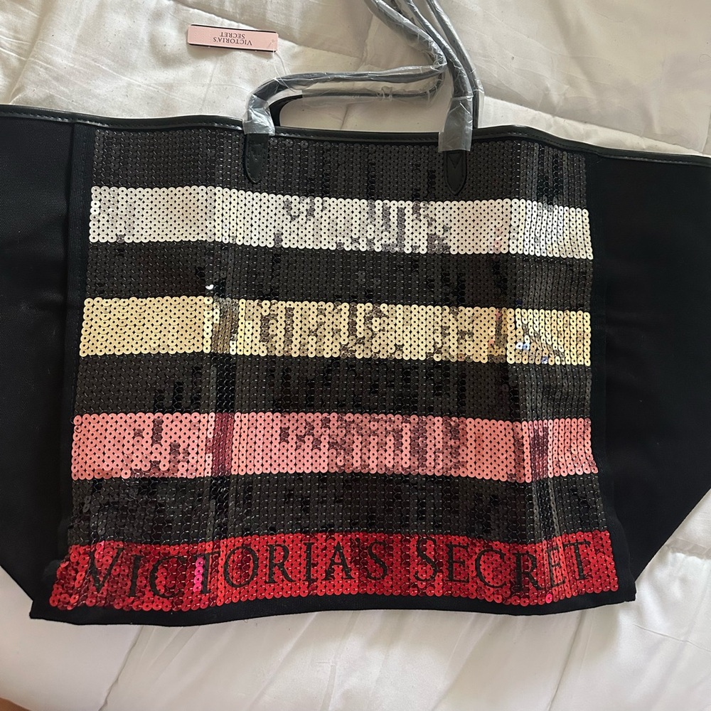 Victoria's Secret Black and Pink Tote Bag with Sequins. 16” x  13” x 8”